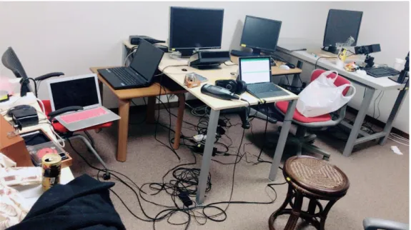 図   14 気づきやすい音声の特性を探る実験環境 4．3 実験条件    同じ音源や音量でも人により快適に感じ，不快に感じる場合もある，気づき やすい音の絶対値は一般化することは非常に困難である．そのゆえ，気づきや すい音の特性を究明するため，本研究では多数人に対しての気づきやすい音を 探って，そしてこちらの音の共通点を分析する．    一方，商品情報の提示音を作成する際，男性の音を用いるのかと女性の音を 用いるのか．デパート，量販店，スーパーマーケットなどショッピング場で騒 音レベルは少し差があるが，同