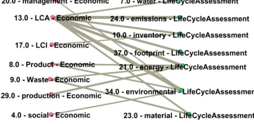 Figure 11 An excerpt of a bipartite graph matching co-occurrence terms   from an economic domain (pink edges) to LCA domain (green edges)