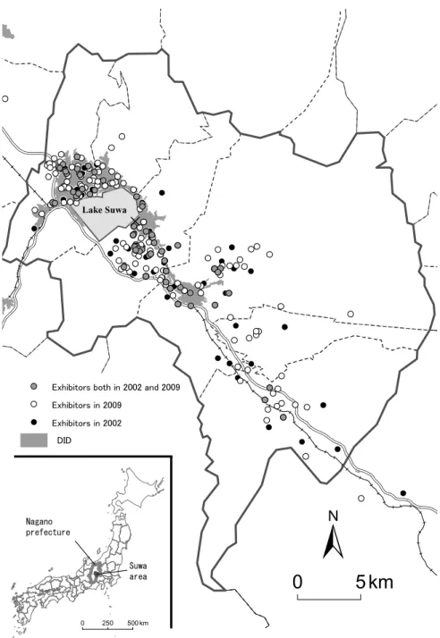 Figure 6. Geographical distributions of exhibitors in the Suwa area