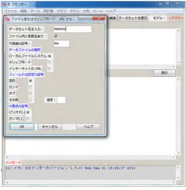 図 3 Rcmdr のロード後の R Console ウィンドウ  テキストファイルからデータを読み込むダイアログで OK ボタンをクリックすると，図 4 に示すファイルを 開くダイアログが表示される．ここでは， Nations.txt ファイルを読み込む状況を示している．ダイアログの 開くボタンをクリックすると，データファイルが読み込まれる．データファイルが読み込まれると，それは R コ マンダーのアクティブデータセットとなる．結果として，図 5 に示すように，読み込まれたデータセット名が R コマンダー