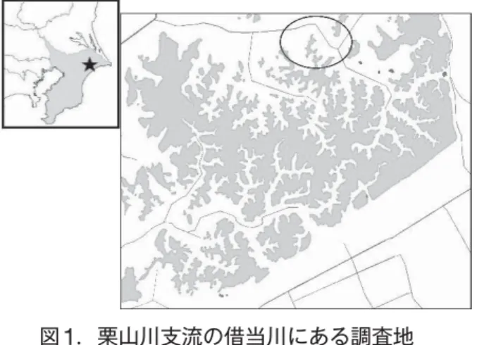 図 1 ．    栗山川支流の借当川にある調査地 上図の■は下総台地の森林を示す