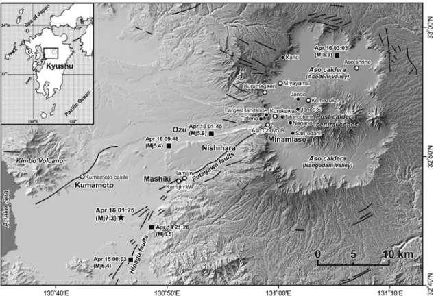 Fig. 1　 Distribution  of  active  faults  in  the  Kumamoto  region  and  locations  of  epicenters  of  the  main  shock （star）  and  major  fore-  and  after-shocks  （solid  squares） of  the  2016  Kumamoto  earthquake  and  investigated  sites