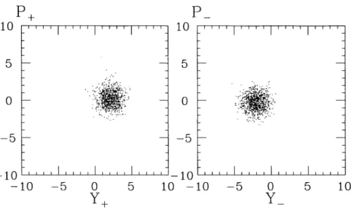 FIGURE 9: A multiparticle tracking result. The equilibrium phase space distribution for (3+, 3_) (0.03,0.03), v± = 0.95, T E = 100 and Do = O