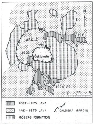 図 12. アスキア・カルデラ（アイスランド）地域の主た る地質区分（Sigurdsson and Sparks, 1981)．