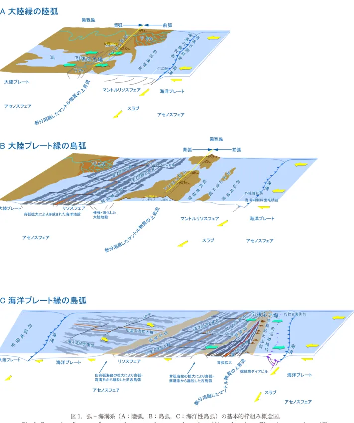 Fig. 1. Conception diagrams of arc-trench systems along a continental arc (A), an island arc (B), and an oceanic arc (C).