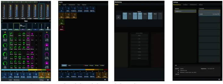 図  14.  マスター・モジュールの 4 つの画面： ［ Home ］、［ Tracks ］、［ Monitoring ］、［ Settings ］