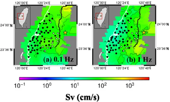 Fig. 5    Distribution of the horizontal spectral responses in 0.1 Hz and 1 Hz and coseismic well water level changes