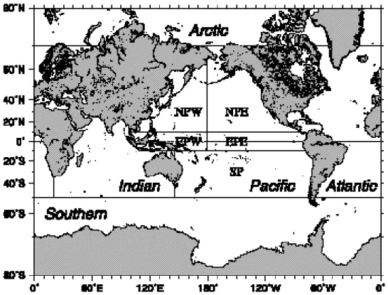 Fig. 9. The definition of provinces for primary productivity integration.