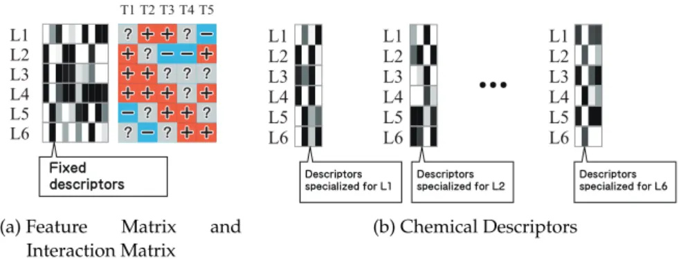 Figure 3.1: Protein-ligand matrix and descriptors. In the example depicted in (a), the prediction task is to impute 11 missing entries in the 6 × 5 protein-ligand matrix using 10 -dimensional raw descriptors of ligands
