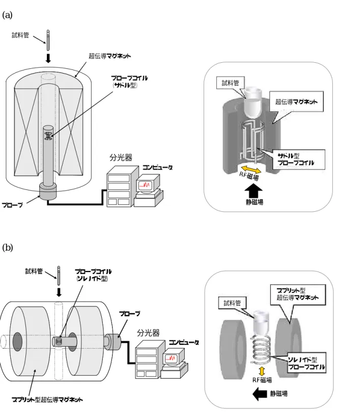 図 2-2. NMR 計測装置の構成および静磁場と高周波(RF)磁場の位置関係  (a)垂直方向の静磁場を発生する NMR 装置、  (b)水平方向の静磁場を発生する NMR 装置 スプリット型超伝導マグネット試料管プローブプローブコイル（ソレノイド型）分光機コンピュータスプリット型超伝導マグネット試料管プローブプローブコイル（ソレノイド型）分光機コンピュータ超伝導マグネット試料管プローブプローブコイル（サドル型）分光機コンピュータ 試料管 超伝導マグネットサドル型プローブコイル静磁場RF磁場試料管超伝導マ