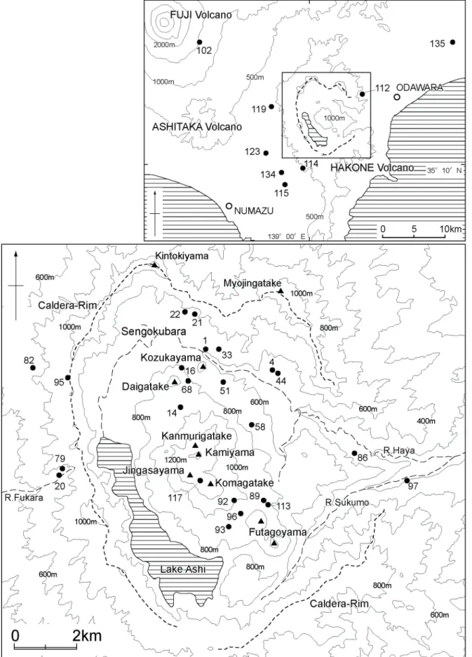 図 1. 箱根火山の地形図及び観察露頭位置．