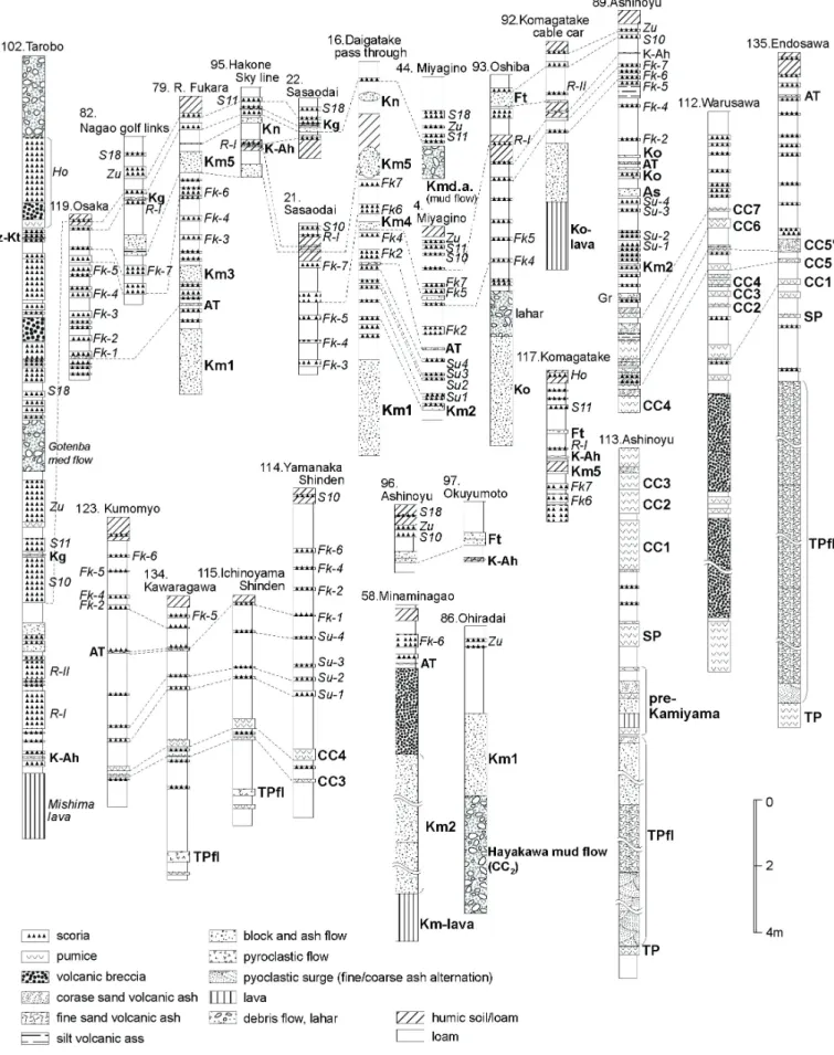 図 2. 箱根火山及び周辺域の柱状図（小林，1999）．給源火山を示す表示（Hk-、Fj- など）は省略した．太字；本稿で記載した箱根火 山起源及び広域テフラ，斜体；富士火山起源テフラ．