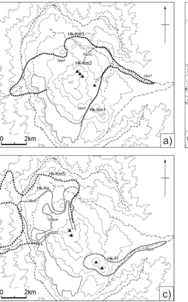 図 4. 中央火口丘起源の block and ash ﬂow 堆積物の分布 . a) Hk-Km1, Hk-Km2