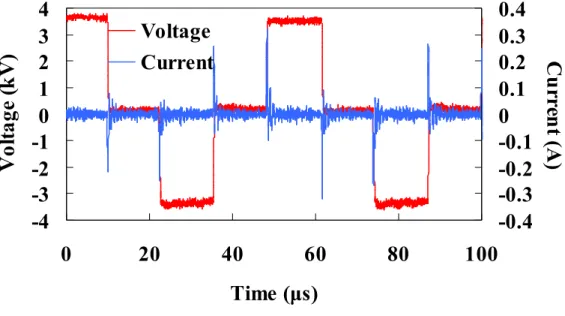 Fig. 2-5 Typical waveform of applied nominal voltage Vpp ± 4 kV (red line) voltage and the 