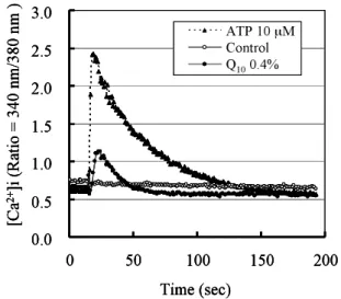 Figure  4 ．  Effects  of  CoQ 10   on  [Ca 2+ ]i  of  CHO  cells.  [Ca 2+ ]i  was  analyzed  using  the   fluorescent  Ca 2+   indicator  fura-2