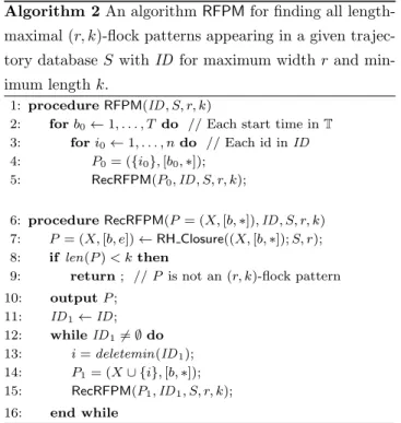 図 3 Concepts of rightward and unrestricted length-maximal flock patterns as well as non length-maximal flock  pat-terns on a time line, where each line indicates a trajectory and each rectangle a flock pattern.
