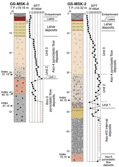 Fig. 3 Lithologic facies and N-values of Standard Penetration Tests (SPT) in boreholes 634 
