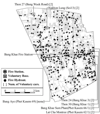 Fig. 4.1 Location of hydrants and voluntary groups’ bases in Bang  Khae District 