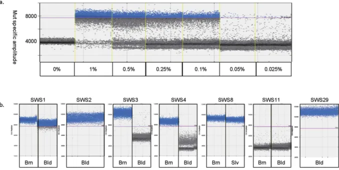 Figure 1.  PNA–ddPCR analyses in SWS patients. Positive mutant–specific amplification was set to > 1000  droplets with > 7700 signal amplitude