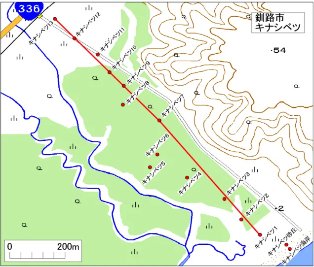 図 2  釧路市キナシベツ湿原における調査測線および掘削地点の位置．地図は国土地理院電子国 土基本図を使用． 