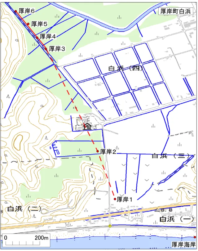 図 4  厚岸町白浜における調査測線および掘削地点の位置．地図は国土地理院電子国土基本図を 使用． 