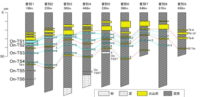 図 8  釧路市音別湿原における掘削地点の層序と試料採取層準．掘削地点の位置は，地点番号（図 3 参照）および海岸線からの距離で示す．柱状図右脇の数字は試料番号． 
