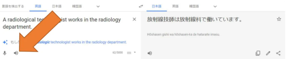 図 ９ 「Google 翻訳」（  タップ後）  図 ６ 中の朱色の → が指し示す先の「スピーカー･マーク（  ）」をタップすれば、図 ９ に示すよう な「Google 翻訳」の画面に一飛びできる。  図 10 「Google 翻訳」の音声マーク  図 ９ のような画面に １ タップで飛ぶことができれば、あとは、図 ９ 中左下の「Google 翻訳」画面の 「音声マーク」（図 10 参照）をタップするだけで、簡単に「英語の音声」を聞くことができるのだ。  図 ６ では、「スピーカー･マーク（  ）」の下に