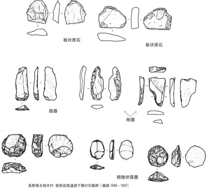 図 6　出現期石鏃石器群における板状原石の利用長野県北相木村 栃原岩陰遺跡下層の石器群 ( 藤森 1996・1997)