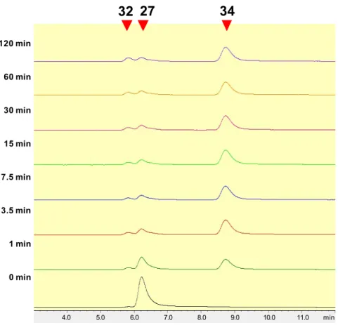 Figure  2-16.  TAMRA-oxa  ( 27 )の N175Q による糖転移反応の HPLC クロマトグラム  反応 条件: 0.4 mM TAMRA-oxa ( 27 ), 4 mM GlcNAc- p Np, 220 mM  リン酸バッファー  (pH 7,  10  µ L), 2  µ g N175Q, 30  C.  分析条件: TOSOH TSKgel ODS-120H 3  µ m, 4.6 x 150 mm,  H 2 O / MeOH = 40 / 60 0.1% Et 3