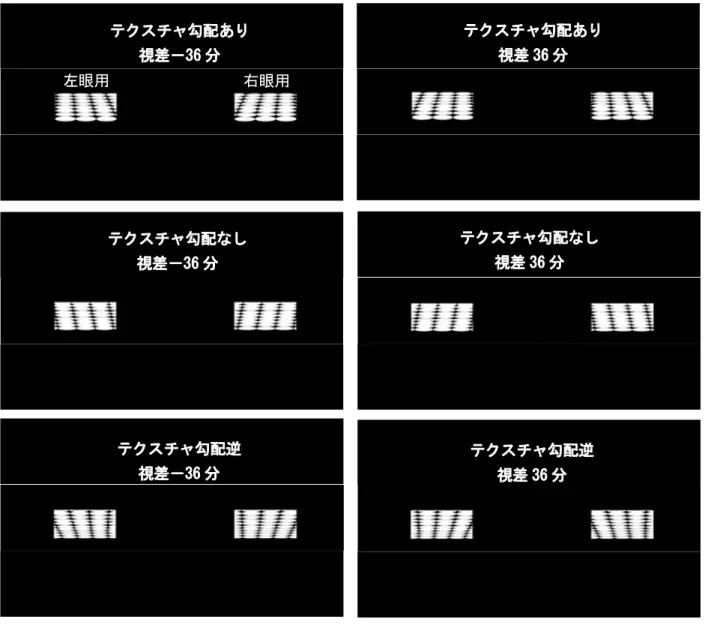 図 3.2  見えの奥行きの測定で用いた比較刺激の例  （視差－36 分，36 分）  図 3.3  見えの大きさの測定で用いた刺激例（標準刺激，比較刺激）  テクスチャ勾配あり 視差 36 分 テクスチャ勾配なし 視差－36 分 テクスチャ勾配なし 視差 36 分 テクスチャ勾配逆 視差 36 分 テクスチャ勾配逆 視差－36 分 テクスチャ勾配あり 視差－36 分 左眼用 右眼用 左眼用 右眼用 