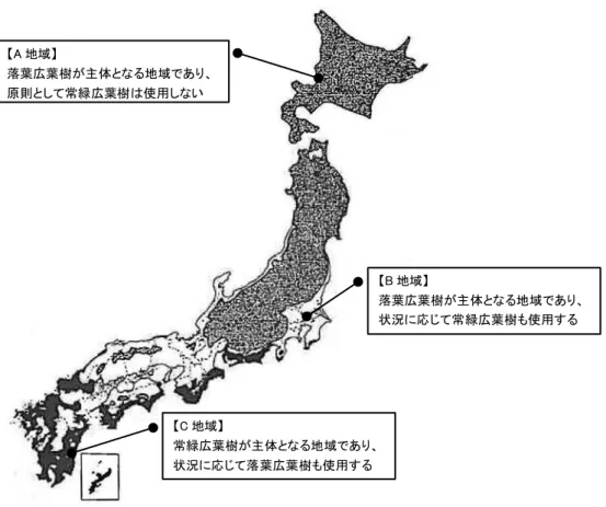 図  1-2  現存植生分布に基づく常緑樹・落葉樹の選定区分 3 ) に加筆 （2）潜在自然植生図  潜在自然植生とは、現在の土地利用をそのまま放置して人間生活の影響がなくなった場合に最 終的に達すると考えられる植生を示す概念である。このときに気候や地形には大きな変化はない ことを前提とする。潜在自然植生の広がりを図化したものが潜在自然植生図である。 これに対し、人間が植生に影響を加える直前までの自然植生を、原植生という。人間による土 地利用によって土壌条件は変化しているために、 放置しても必ずしも原植生に