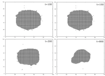図   3 自己抗原への応答  (a) Im, Treg の総数の時間変化 .    (b) chronicity の時間変化 図   4 負のサイトカイン（黒の点）の空間分布の時間的変化3.2 自己寛容の維持図3で示したように過渡的な抗原への攻撃の後,  免疫系は自己寛容を反映した定常状態となる