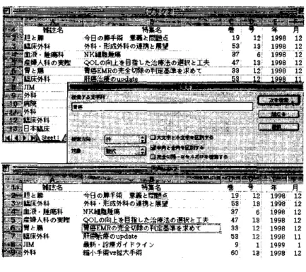 図 1 I 検索」在使った検索 外科 NK 祖瞳腫梅 QOLの向上を量長た台療 1 回選択 k工フ健 一i胃EMR<1:完全ザの毘基準を求めて 男子震骨療の u p d a '崎 長新 j 含療ガイドライシ 踊小手術'"鉱大手術 図 2 I オートフィル 9J を使った検索 アウトすることになる(図 3 )。項目の追加や削除 は後からでもできるので手直しが簡単である。必 要な項目だけを取り出し一覧表やカードで印刷も できる。 E x c e l のファイルを直接読み込みデータ ベース形式に変換
