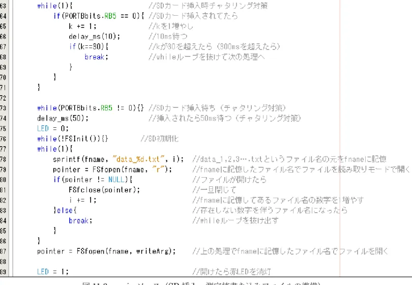 図 11.3  main ソース（SD 挿入、測定値書き込みファイルの準備） 