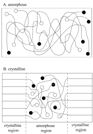 Fig. 1-6 Schematic diagram of (A) amorphous and (B) crystalline PLA [77].  
