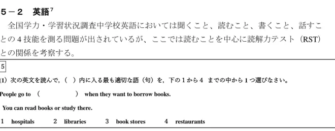 図 2： 「平成 31 年度(令和元年度)全国学力・学習状況調査  中学英語大問 5（1） 」より引用    図 2 の問題は単純に語彙力が正答に直接つながると考えられる。正答へのキーワードと なるであろう“borrow”（借りる）が分かり、選択肢の意味が分かれば正答を選ぶことができ る問であり、読解力との相関は低いと思われる。あえて関連付けるなら「具体例同定（辞 書） 」になるかと思われるが、本文中のキーワードの  “borrow”  および正答の選択肢である  “libraries”  がどちらとも比較