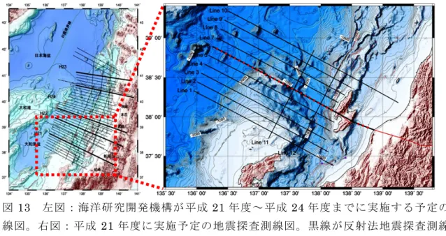 図 13  左図：海洋研究開発機構が平成 21 年度～平成 24 年度までに実施する予定の測 線図。右図：平成 21 年度に実施予定の地震探査測線図。黒線が反射法地震探査測線、 赤丸が海底地震計の設置予定点、黒太線が東京大学地震研究所と共同で実施する海陸統 合探査測線。 