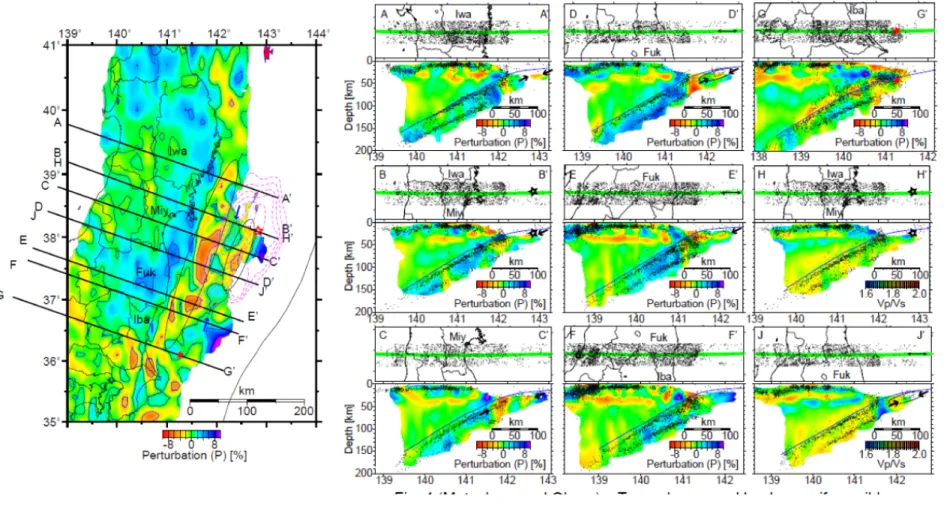 図 3.1-4  Matsubara and Obara (2011)  による P 波速度構造と震源分布。 