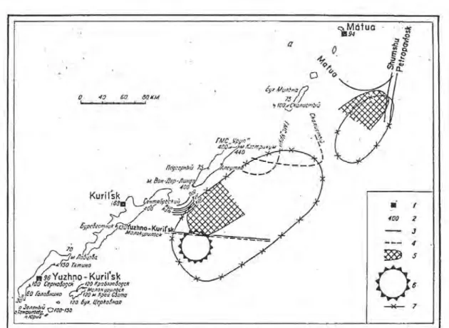 Fig. 4. Source of the tsunami of the October 13 Kurile earthquake.  1 – mareographs; 