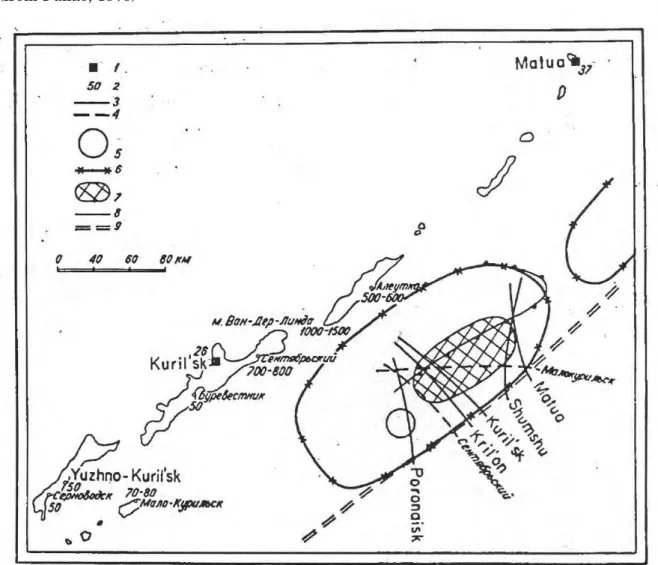 Fig. 15.    Map of the tsunami of October 20.  1 – mareographs; 