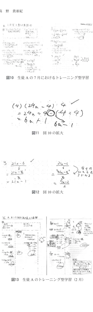 図 9 はノートを縦半分に折り，折り目の左側には数 式で思考した結論を表現している。折り目の右側に 向かう矢印の先には，その思考の判断や過程などを 数式，文字で表現している。折り目を利用して，左 側が結論，右側が根拠となるような説明型の表現と なっている。右側に向かう矢印は「なぜならば」，左 側に向かう矢印は「ゆえに」という意味を含む記号 として解釈できる。生徒 B は，文字式に関する考 え方を明らかにするという目的をもち，円周率 3.14 をπに置き換えて文字式として表現する過程を明ら かにするという課題