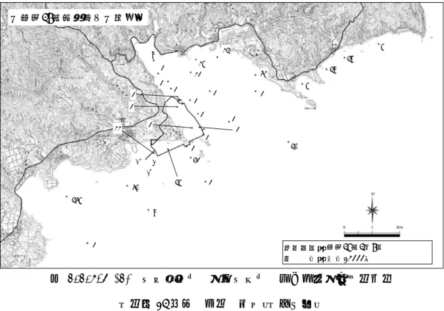 図 1.1.4-3 (1)  魚類等調査  稚仔魚調査  主な出現種の水平分布  （平成 25 年度  冬季  昼間） （ハゼ科）  図 1.1.4-3 (2)  魚類等調査  稚仔魚調査  主な出現種の水平分布  （平成 25 年度  冬季  昼間）（ヤベウキエソ） 【平成25年度冬季】【昼間】 6272862301000090003094324601100調査期日：単位：4116000260平成26年2月5日個体/1000㎥--0120【平成25年度冬季】【昼間】05700000001020819018