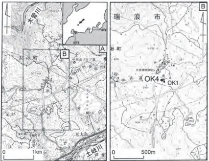図 1 　大湫盆地の試料採取地点図．—  A ：国土地理 院発行の 5 万分の 1 図幅「恵那」使用． B ：国土地 理院発行の 2 万 5 千分の 1 図幅「武並」使用．黒丸 印は試料採取地点．