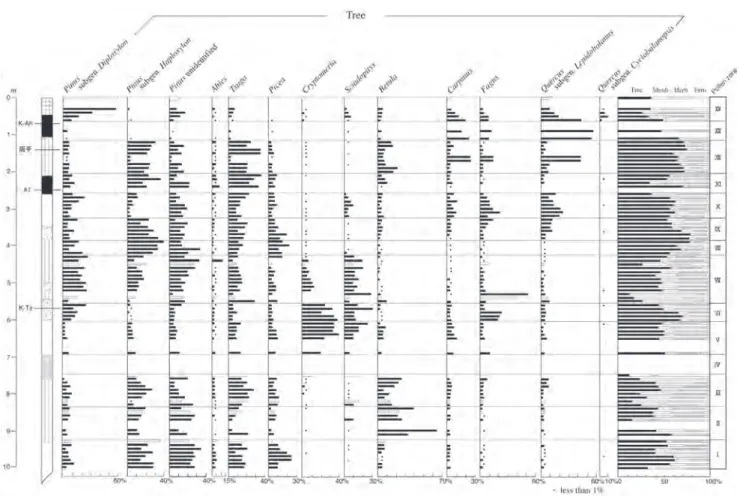 Fig. 4 Tree pollen diagram of OK4. See Fig. 2 for the legend of the stratigraphic sequence