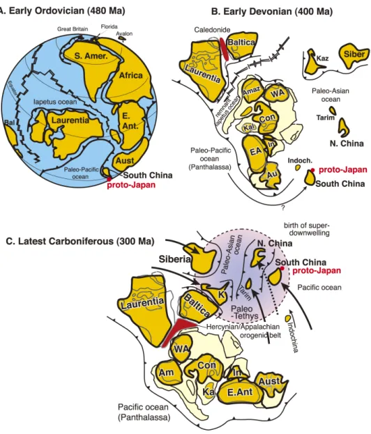 図 7　 オ ル ド ビ ス 紀，デ ボ ン 紀，お よ び 石 炭 紀 の 古 地 理 図（Maruyama et al., 1997 か ら 改 変）． 大陸塊の略称については図 2 参照．A：オルドビス紀前期 （約 480 Ma） には古大西洋 （イアペタス海など） が拡大し， 太平洋周辺ではプレート込み込みによる弧—海溝系が発達した．南中国沖の原日本は南半球のオーストラリア （現 在の東岸側） 近傍に位置していた．B：デボン紀前期 （約 400 Ma） には，原日本を伴った南中国は北方へ移動しオー 