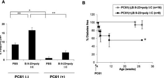 図 7A B: 923 ペプチドと poly I: C 投与による膵島内 Foxp3 ＋ /CD4 ＋ 制御性 T 細胞の頻度上昇，7B PC61 の前投与後の B: 9 23 ペプチドと poly I: C 併用投与による超早期の糖尿病誘導．（Fukushima, K, Abiru, N et al