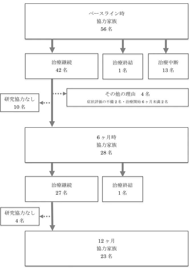 図 4  研究協力家族の推移  ベースライン時  協力家族 56 名  6 ヶ月時  協力家族 28 名  12 ヶ月  協力家族 23 名  治療中断13 名 治療終結1 名 その他の理由 4 名 症状評価の不備2 名・治療開始 6 ヶ月未満 2 名 研究協力なし10 名 治療継続 42 名 治療継続 27 名 治療終結1 名 研究協力なし4 名 