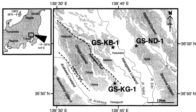 Fig.  1  Map  showing  locations  of  cores.  Broken  lines  indicate  distribution  of  probable  active  faults  after  the  Research  Group  of  Active  Faults  of  Japan  (1991).