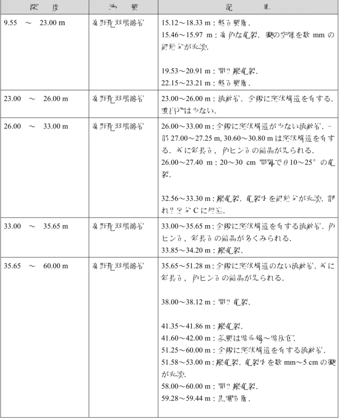 表 4.9  BV28-2  地質状 （2/2）      地    質         9.55  ～  23.00  m 高野 15.12～18.33 m 質 15.46～15.97  m 高 の空 mm の 19.53～20.91 m 開 22.15～23.21 m 質 23.00  ～  26.00 m  高野 23.00～26.00 m 状 26.00  ～  33.00 m  高野 26.00～33.00 m 状 27.00～27.25 m，30.60～30.80 m 状 ， ン の結 26.0