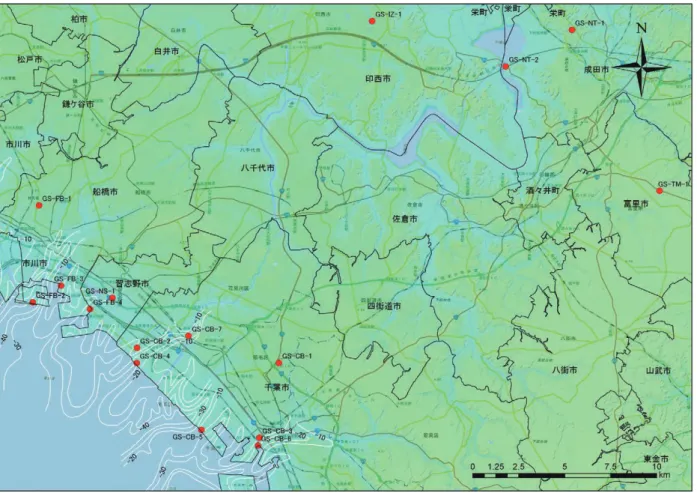 Fig. 1      Map showing the drill sites of this study. Base map taken from elevation map,                 Geospatioal Information Authority of Japan.